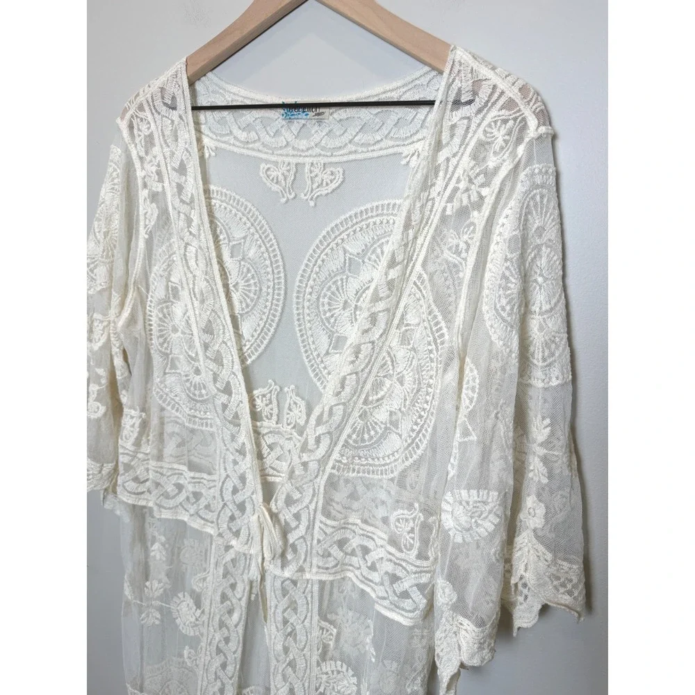 Rebellion Again Long Sheer Duster Cardigan Lace Crochet Romantic White Cream L‎